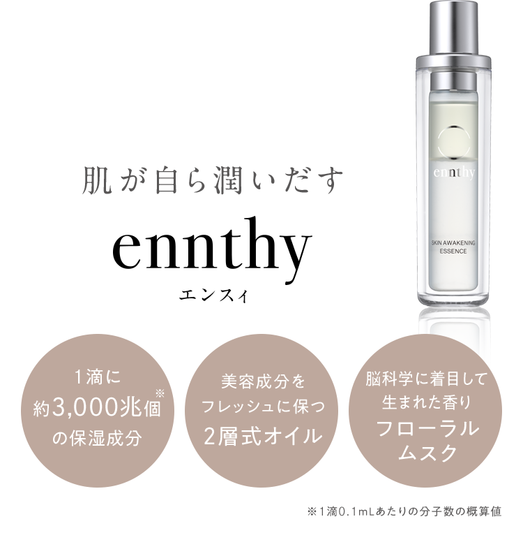 肌が自ら潤いだす ennthy エンスィ 1滴に約3,000兆個※の保湿成分 美容成分をフレッシュに保つ2層式オイル 脳科学に着目して生まれた香りフローラルムスク ※1滴0.1mLあたりの分子数の概算値