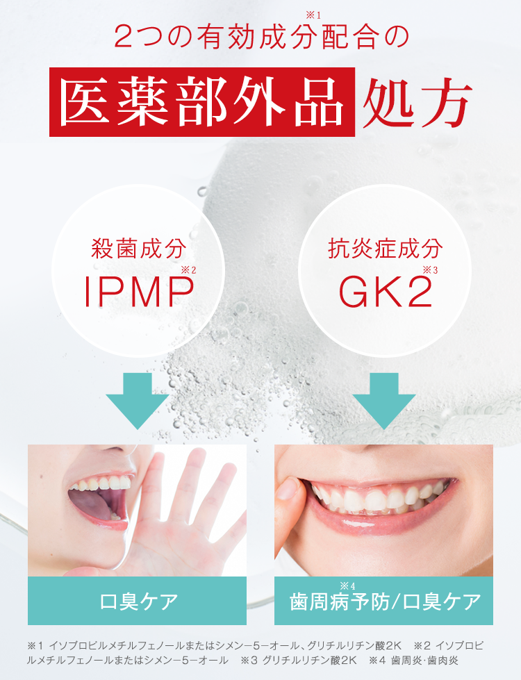 2つの有効成分配合の医薬部外品処方。殺菌成分IPMP、抗炎症成分GK2