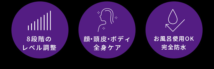 8段階のレベル調整 顔・頭皮・ボディ全身ケア お風呂使用OK 完全防水