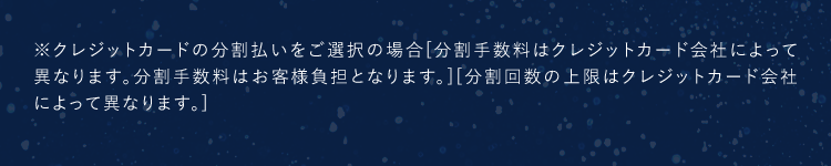 ※クレジットカードの分割払いをご選択の場合[分割手数料はクレジットカード会社によって異なります。分割手数料はお客様負担となります。][分割回数の上限はクレジットカード会社によって異なります。]
