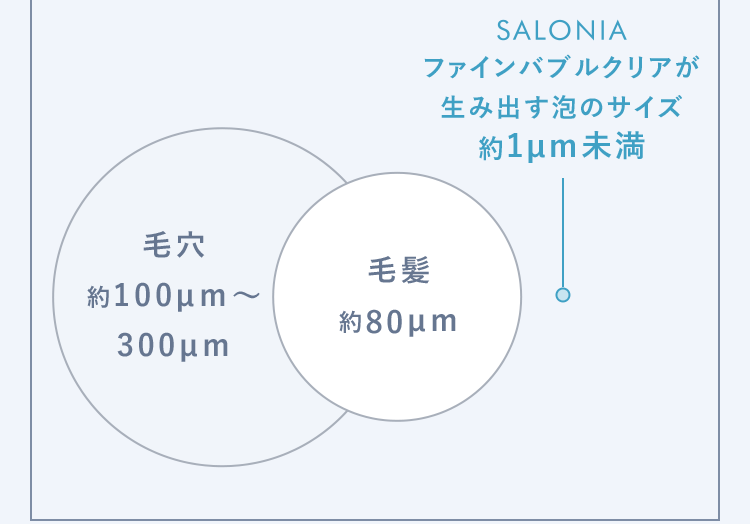 毛穴SALONIAファインバブルクリアが生み出す泡のサイズ約1μm未満毛髮約100μm~約80μm300μm
