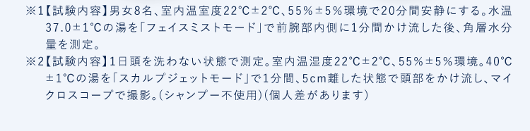 ※1【試験内容】男女8名、室内温室度22*C+2*C、55%土5%環境で20分間安静にする。水温37.0土1Cの湯を|フェイスミストモード|で前腕部内側に1分間かけ流した後、角層水分量を測定。※2【試験内容】1日頭を洗わない状態で測定。室内温湿度度222C土2、55%土5%環境。4010土1Cの湯を|スカルプジェットモード|で1分間、5cm離した状態で頭部をかけ流し、マイクロスコープで撮影。(シャンプー不使用)(個人差があります)