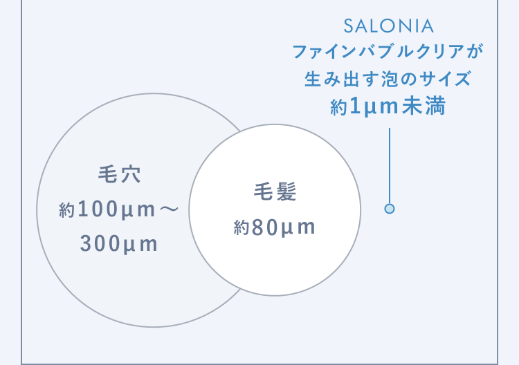毛穴SALONIAファインバブルクリアが生み出す泡のサイズ約1μm未満毛髮約100μm~約80μm300μm