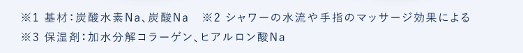 ※1基材:炭酸水素Na、炭酸Na2シャワーの水流や手指のマッサージ効果による※3保湿剤:加水分解コラーゲン、ヒアルロン酸Na