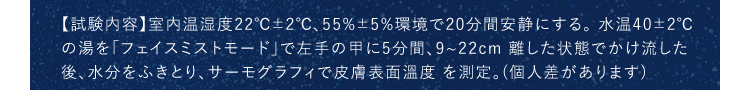 【試験内容】室内温湿度22℃±2℃、55%±5%環境で20分間安静にする。水温40±2℃この湯を「フェイスミストモード」で左手の甲に5分間、9~22cm離した状態でかけ流した後、水分をふきとり、サーモグラフィで皮膚表面温度を測定。(個人差があります)